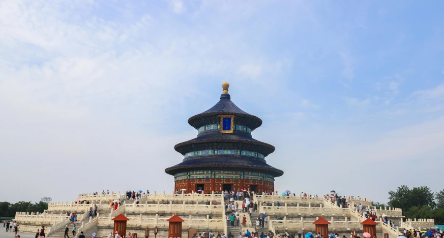 a group of people standing in front of a building, inspired by Qian Du, pexels contest winner, cloisonnism, temple of heaven, avatar image, square, towering over your view