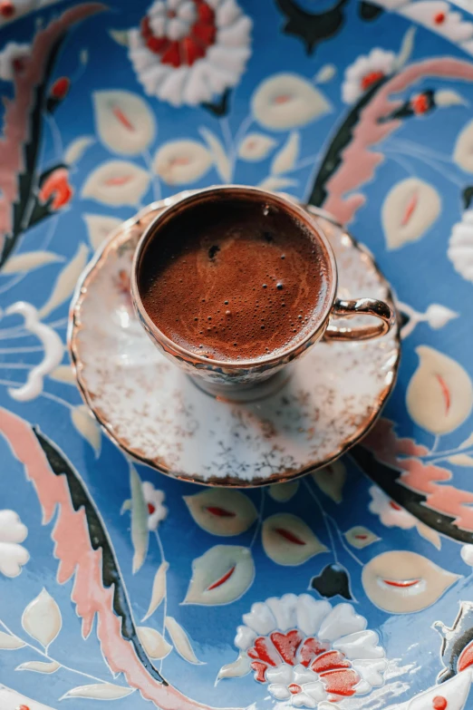 a close up of a plate with a cup on it, inspired by Géza Mészöly, pexels contest winner, hurufiyya, arabica style, brown red blue, thumbnail, turkey