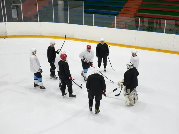 a group of people standing on top of an ice rink, sparring, nhl, camp, indoor picture