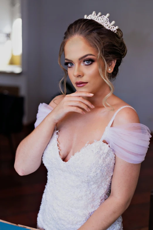 a woman in a wedding dress posing for a picture, a portrait, by Robbie Trevino, robe. perfect faces, lachlan bailey, sydney sweeney, soft portrait shot 8 k