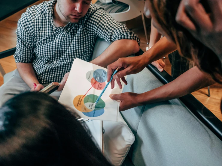 a group of people sitting on top of a couch, pexels contest winner, analytical art, holding pencil, charts, avatar image