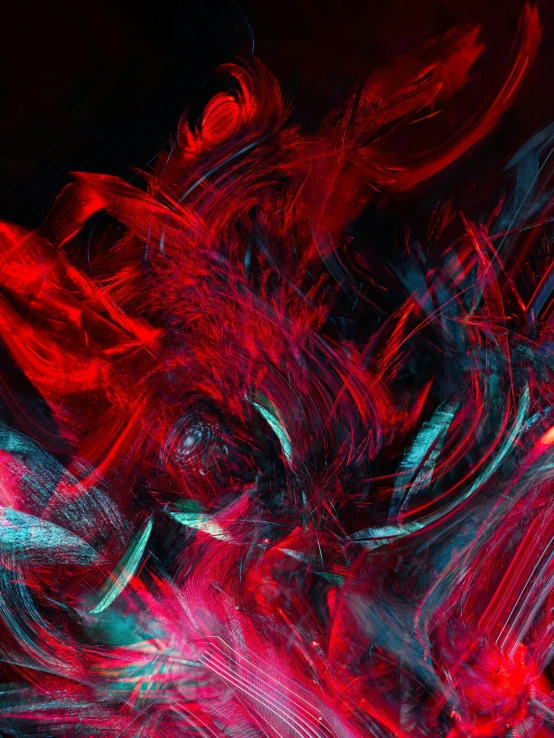 a red and blue abstract painting on a black background, pexels contest winner, fractal chaos background, ilustration, atmospheric red effects, red green black teal