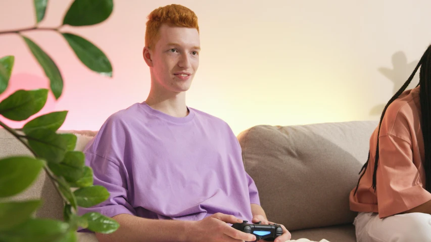 a man and a woman sitting on a couch playing a video game, a character portrait, featured on reddit, ginger hair with freckles, wearing purple undershirt, ultra realistic 8k octan photo, upscaled to high resolution