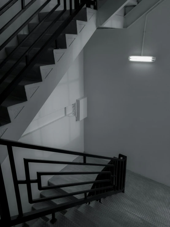 a black and white photo of a staircase, inspired by Elsa Bleda, lamp ( ( ( gym ) ) ) ), ilustration, led, photograph taken in 2 0 2 0