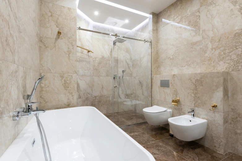 a bath room with a toilet a sink and a bath tub, by Aleksander Gierymski, unsplash, baroque, smooth marble surfaces, brown, under a shower, 4k ultra realistic