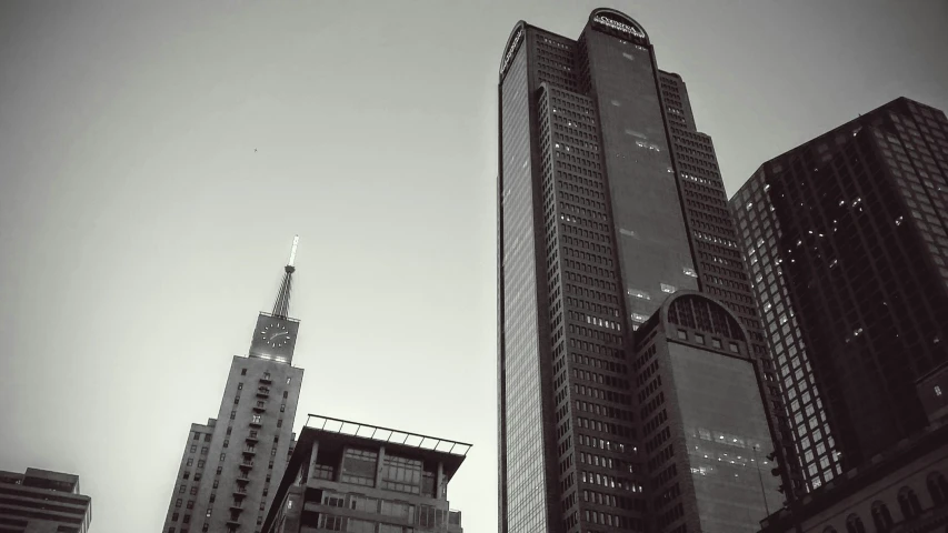 a black and white photo of skyscrapers in a city, inspired by Cheng Jiasui, pexels contest winner, brutalism, pizza skyscrapers, dusty abandoned shinjuku, instagram picture, minneapolis