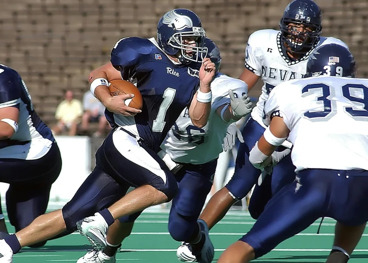 a football player is running with the ball, by Everett Warner, pixabay, renaissance, navy blue carpet, 2 0 0 2 photo, colorado, sumerville game