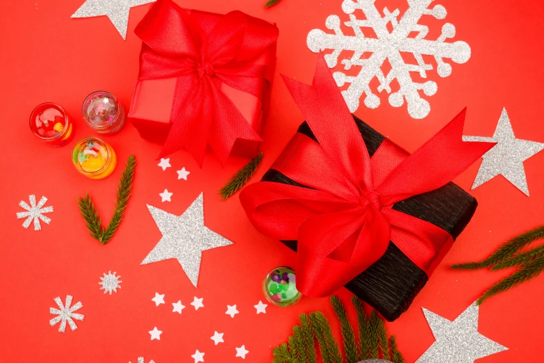 christmas decorations on a red background with stars and snowflakes, by Julia Pishtar, shutterstock contest winner, birthday wrapped presents, orange ribbons, 🎀 🗡 🍓 🧚, bowknot