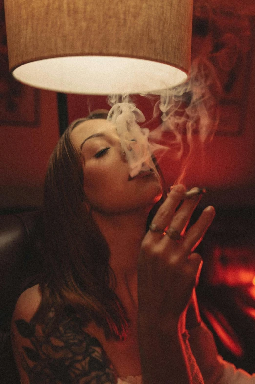 a woman smoking a cigarette in a room, lit from below, high times magazine aesthetic, gentleman's club lounge, smoking a bowl of hash together