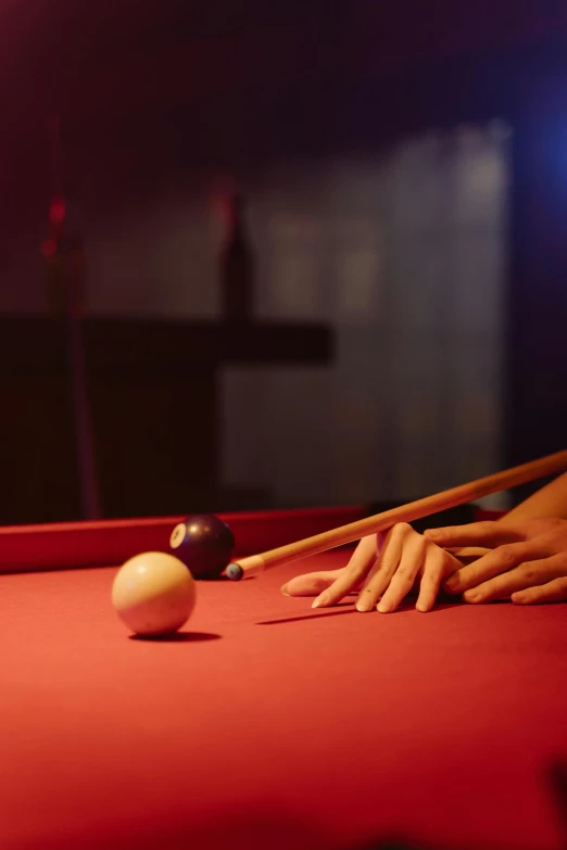 a person is playing a game of pool, an album cover, by Julian Allen, shutterstock, photorealism, reds, nightlife, politics, pools