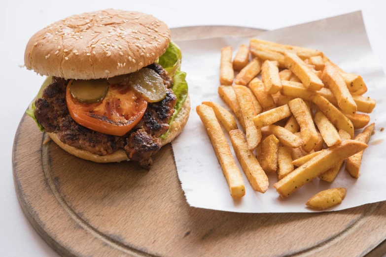 a hamburger and french fries on a plate, a portrait, by Joe Bowler, unsplash, “ iron bark, 15081959 21121991 01012000 4k, chicken sandwich, on a wooden tray