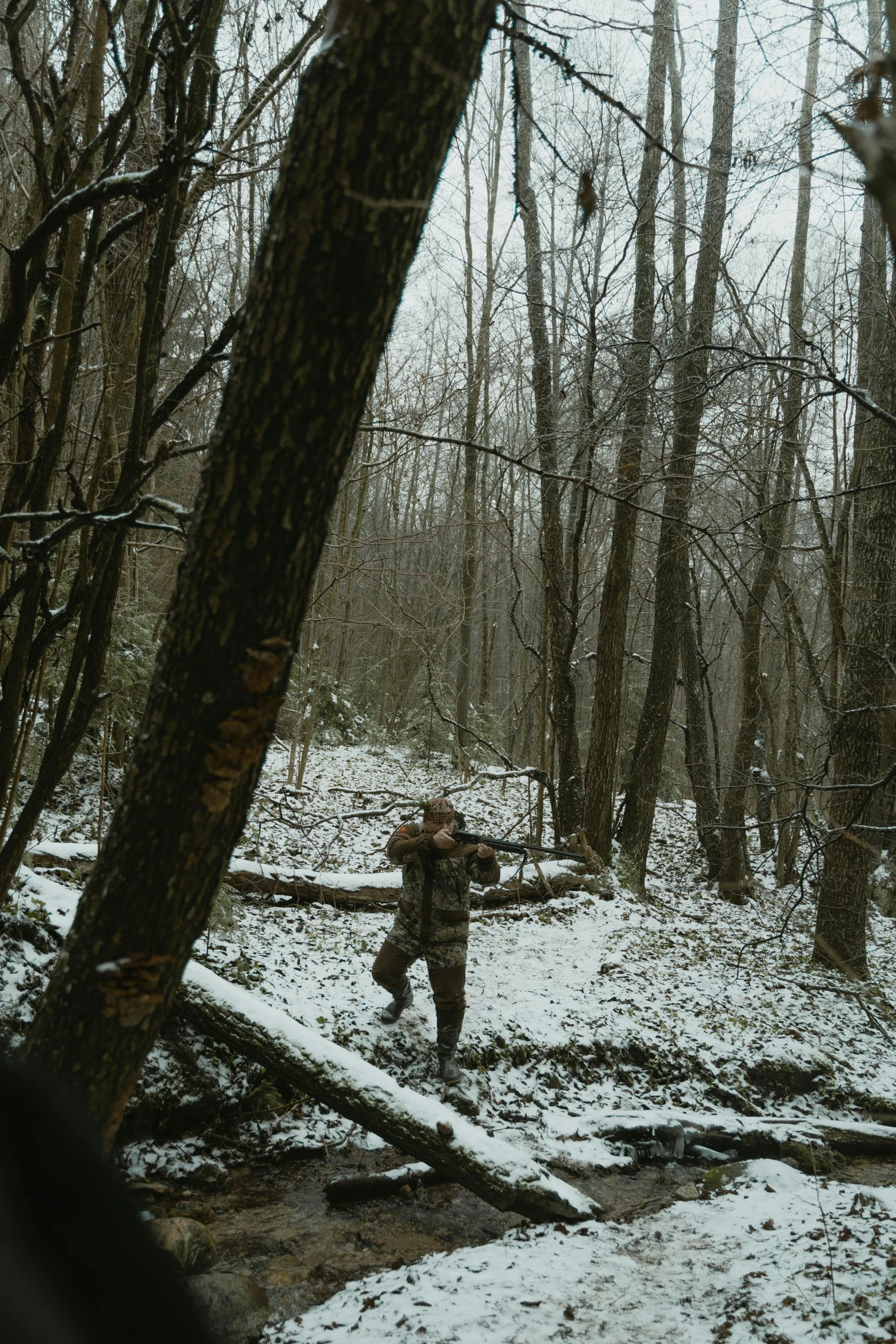 a man walking through a snow covered forest, an album cover, inspired by Bruce Davidson, renaissance, camo, appalachian mountains, 8 k film still, hunt