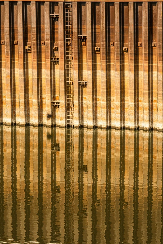 a red fire hydrant sitting in the middle of a body of water, by Yasushi Sugiyama, pexels contest winner, minimalism, wooden walls brass panels, ladders, detailed reflection, 2022 photograph