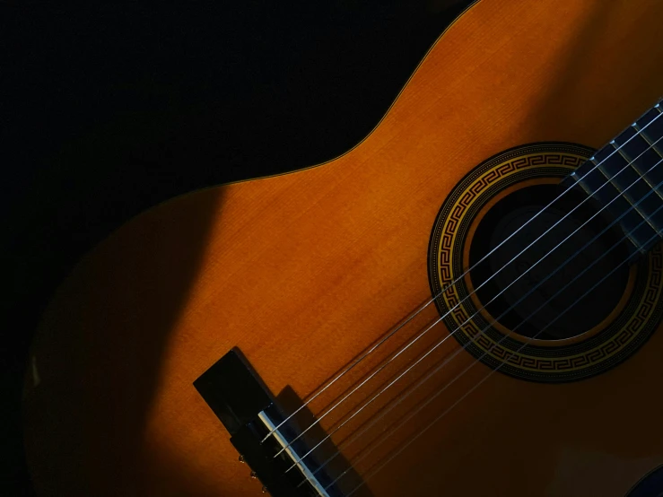 a close up of a guitar on a table, pexels contest winner, against dark background, warm shading, 15081959 21121991 01012000 4k, rectangle