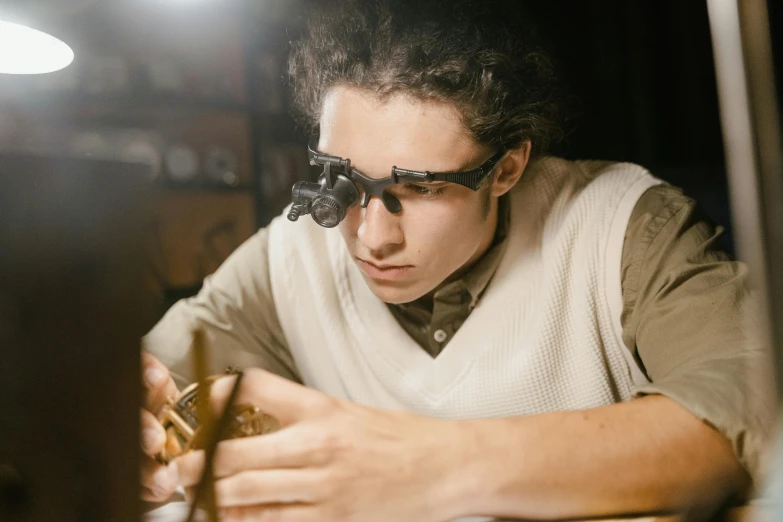 a man sitting at a table in front of a computer, trending on pexels, academic art, wearing victorian brass goggles, carpenter, plating, boy