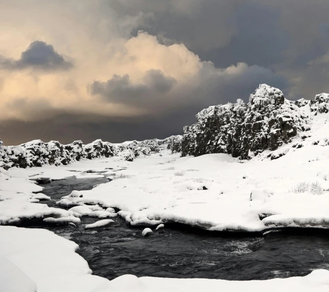 a stream running through a snow covered field, by Þórarinn B. Þorláksson, pexels contest winner, hurufiyya, river rapids, panoramic, white lava, grey