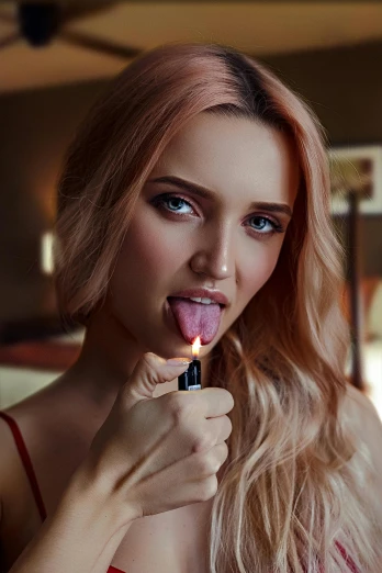 a woman holding a lighter in her mouth, a colorized photo, inspired by Hedi Xandt, trending on pexels, miranda kerr, blonde, gif, thc