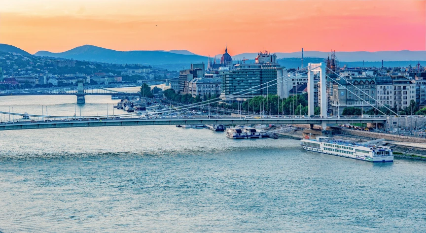 a bridge over a river next to a city, by Konrad Witz, pexels contest winner, sunset panorama, budapest street background, 🚿🗝📝