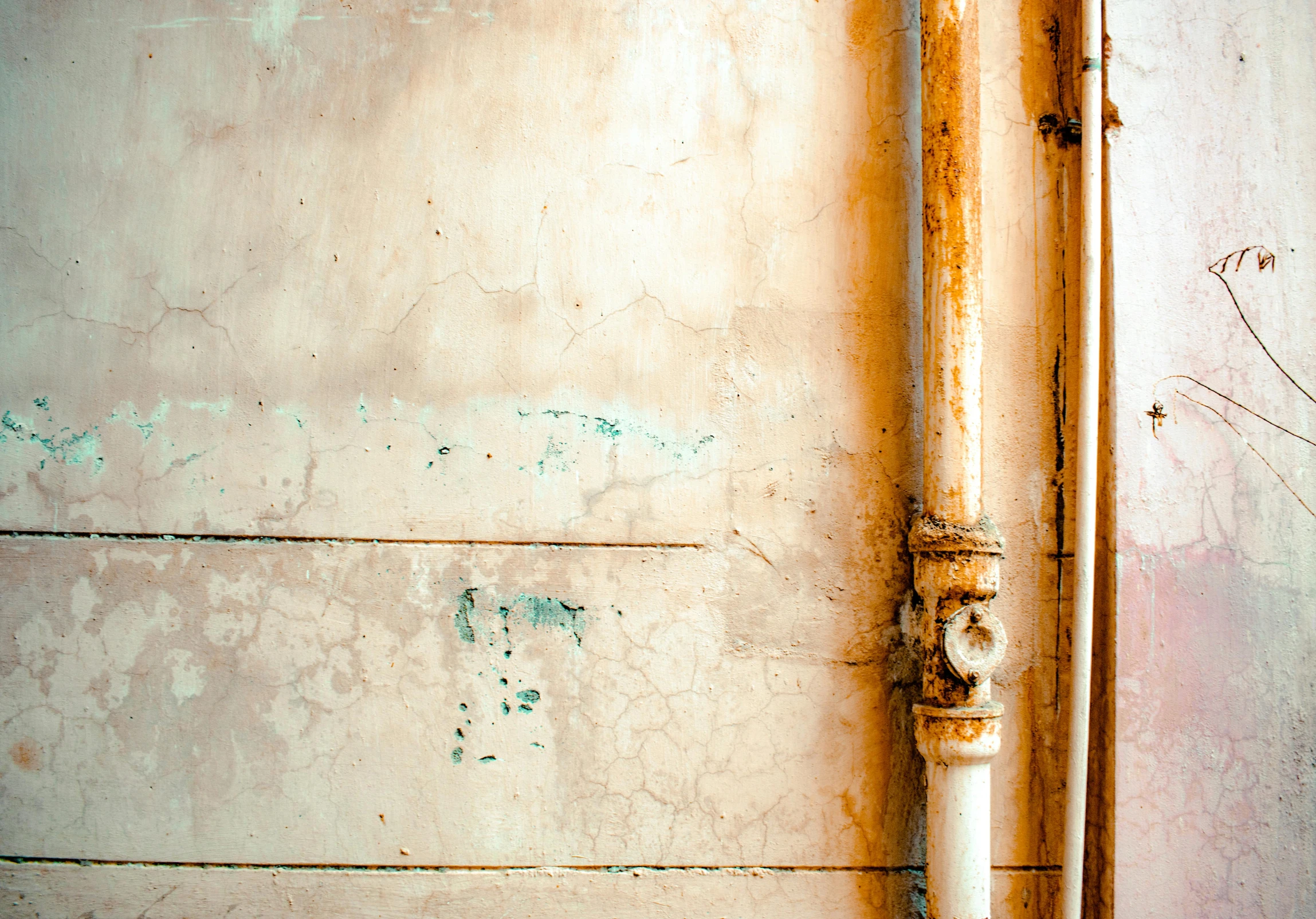 a rusty pipe sticking out of the side of a building, inspired by Elsa Bleda, unsplash, renaissance, pale yellow wallpaper, old kitchen backdrop, background image, whitewashed housed