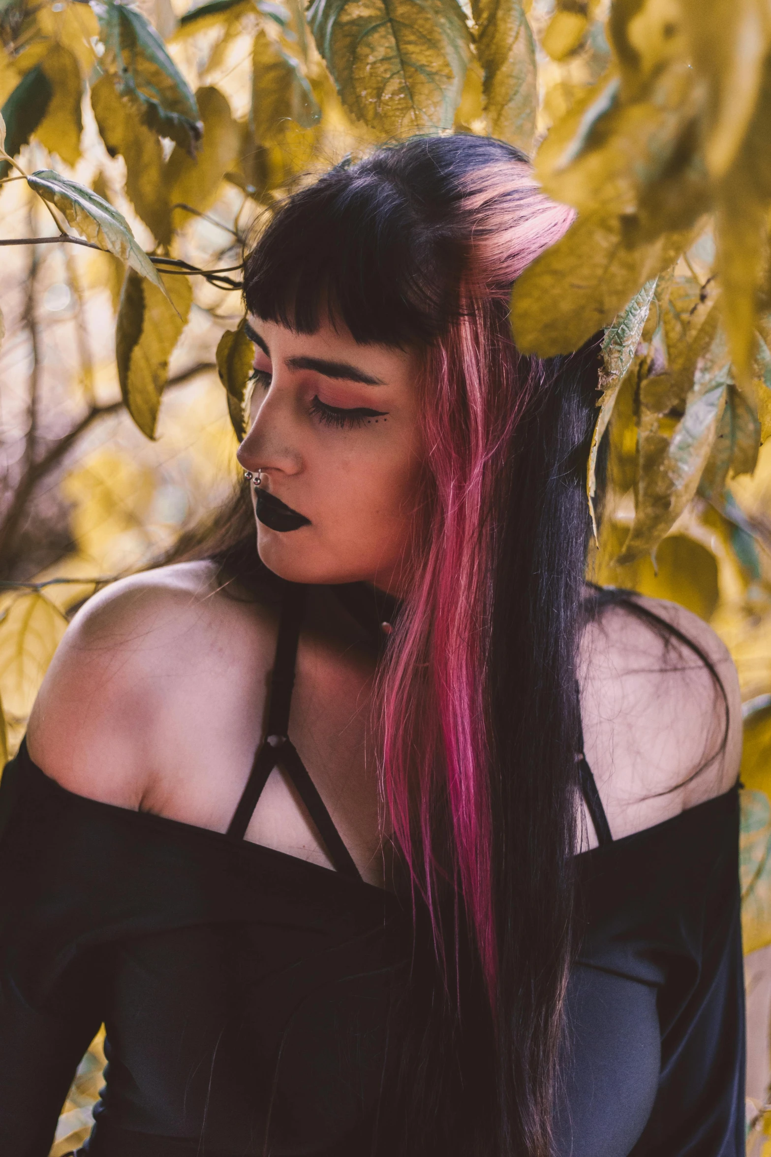 a woman with pink hair standing in front of a tree, an album cover, inspired by Elsa Bleda, trending on pexels, aestheticism, portrait of a goth catgirl, lush unkempt black hair, half and half dye, succubus | medieval