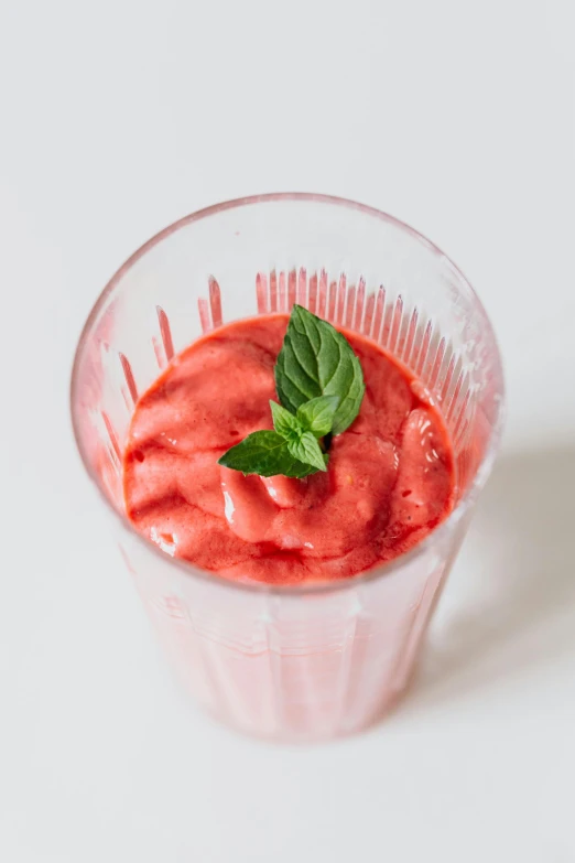 a close up of a bowl of food with a leaf on top, berry juice, product image, milkshake, coral red