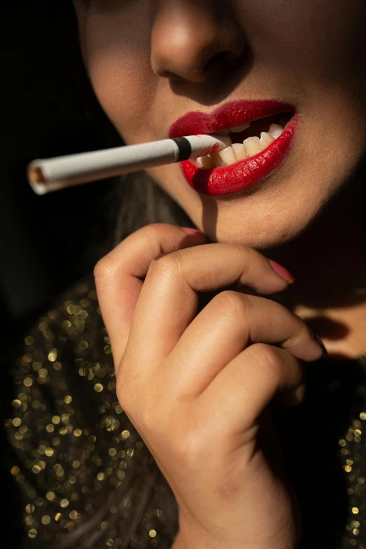 a woman with a cigarette in her mouth, an album cover, inspired by Nan Goldin, unsplash, provocative indian, lipstick, wealthy women, 2030s