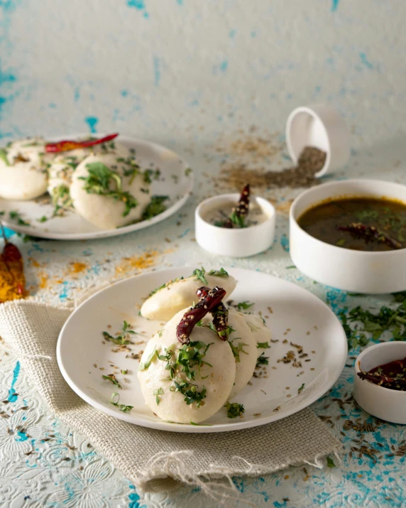 a table topped with plates and bowls of food, inspired by Wlodzimierz Tetmajer, unsplash, hurufiyya, sexy sesame seed buns, kalighat, green steam rising from soup, portrait image