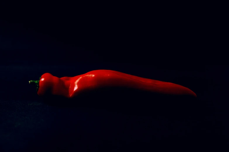 a red chili sitting on top of a black surface, an album cover, inspired by Hans Erni, featured on zbrush central, self erotic, medium long shot, pepper, light red and deep blue mood