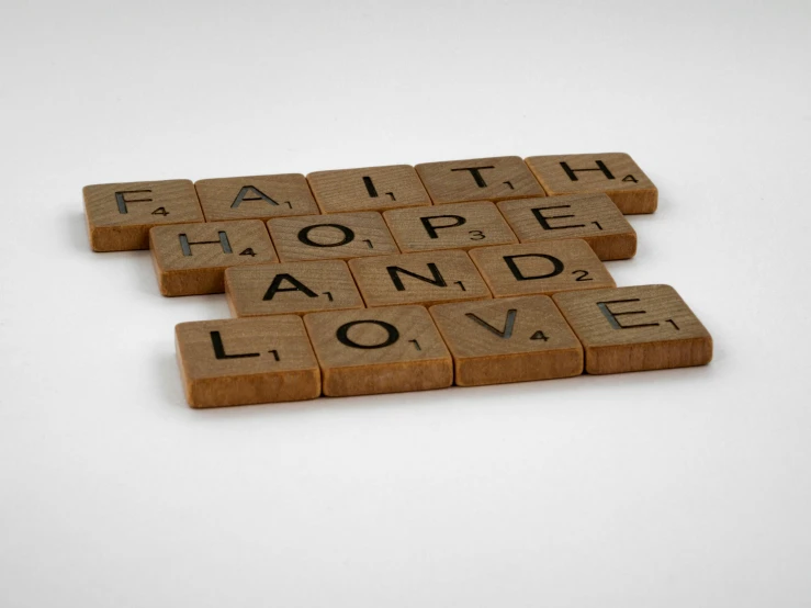 wooden scrabbles spelling faith, hope and love, inspired by Carl Hoppe, pexels, 1 6 x 1 6, screensaver, brown, story