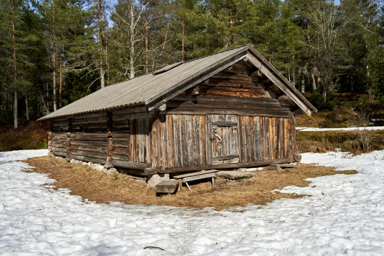 a small cabin sitting in the middle of a snow covered field, by Veikko Törmänen, trending on pixabay, les nabis, old lumber mill remains, museum photo, 1700s, 1980s photo
