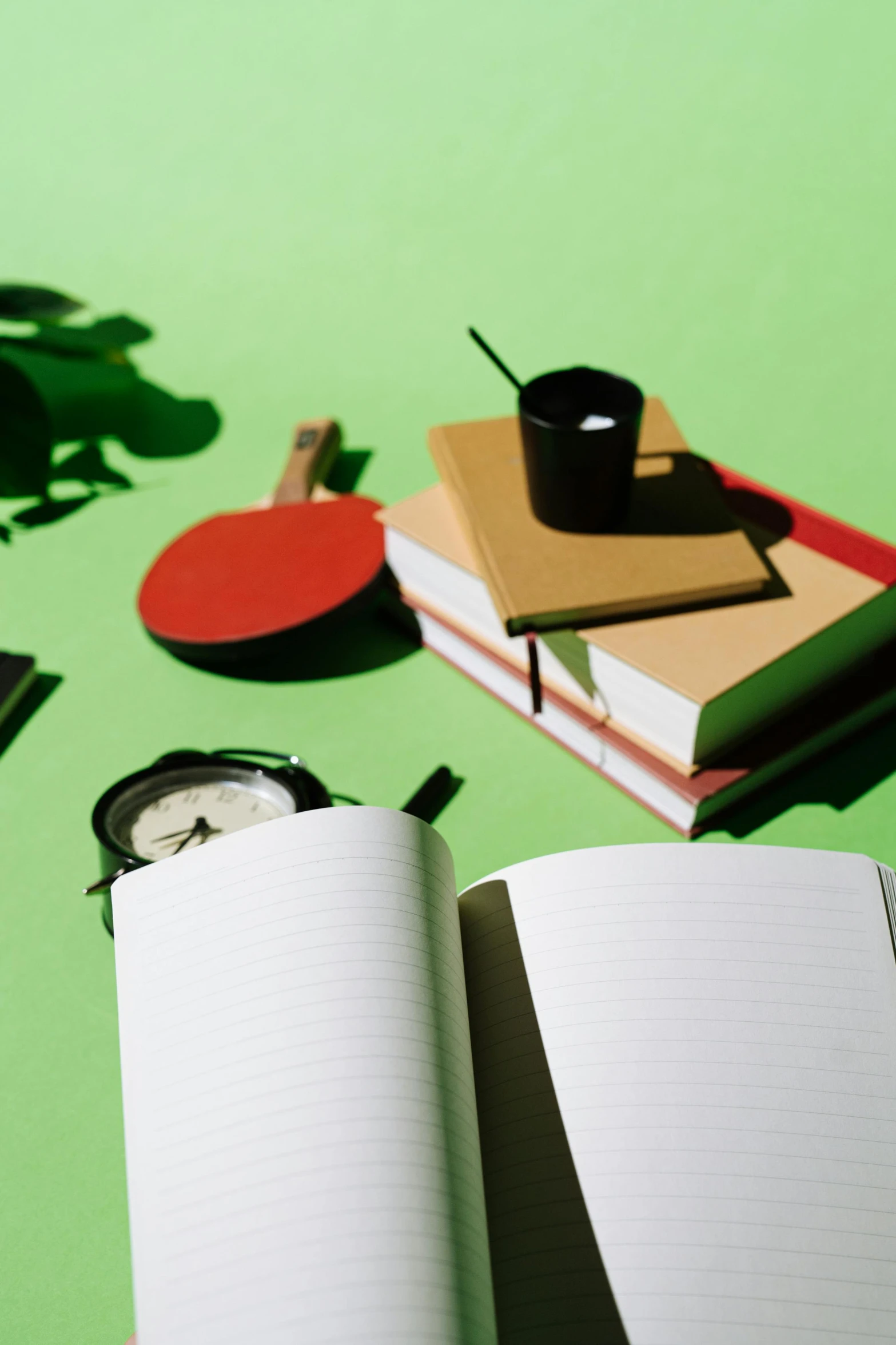 an open notebook sitting on top of a green table, a still life, trending on pexels, academic art, thumbnail, avatar image, various items, high - contrast