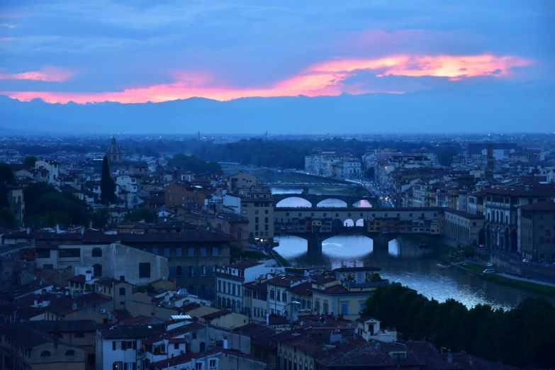 a view of a city with a bridge over a river, pexels contest winner, renaissance, blue sunset, florence, brown, grey