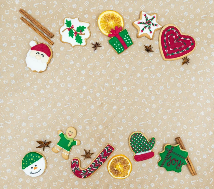 christmas cookies arranged in the shape of a circle, a picture, pexels, naive art, square, borders, vintage - w 1 0 2 4, cream paper