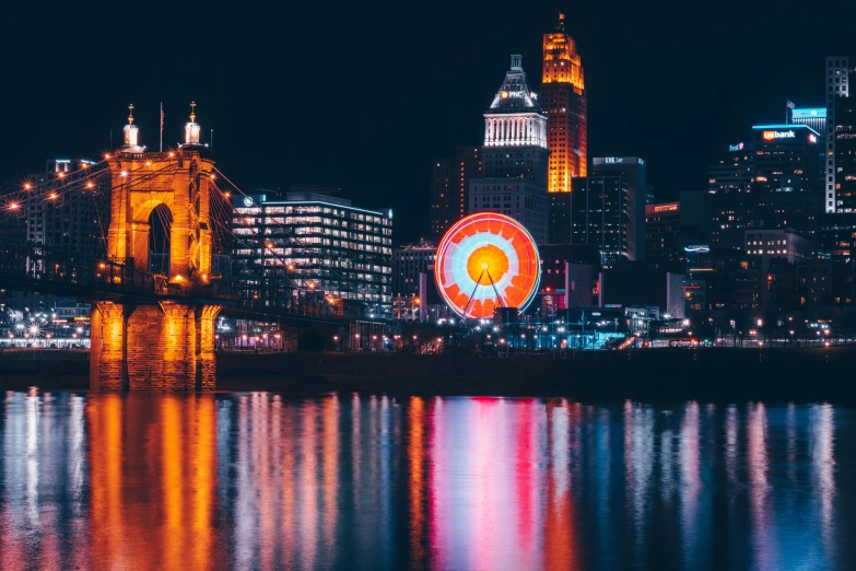 a city skyline at night with a ferris wheel in the foreground, pexels contest winner, ohio, background image, instagram photo