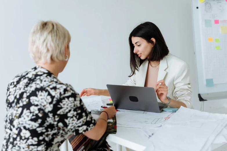 two women sitting at a table looking at a laptop, by Emma Andijewska, pexels contest winner, wearing business casual dress, white backround, wearing a designer top, vendors