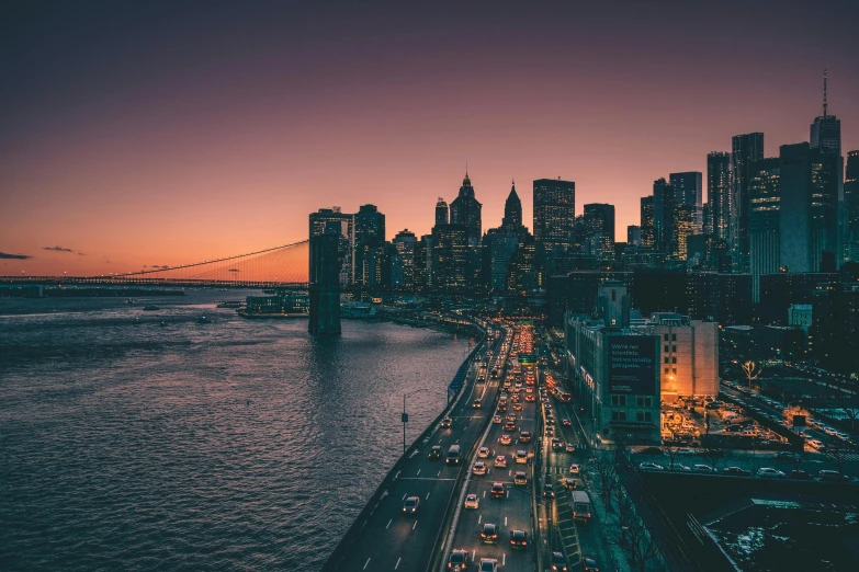 a view of a city from the top of a bridge, pexels contest winner, brooklyn background, beautiful dusk, high resolution, multiple stories