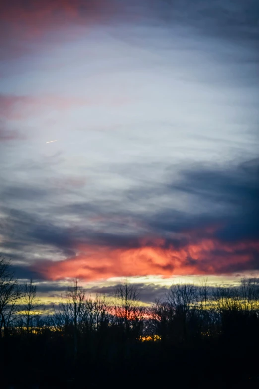 a sunset in the distance with trees in the foreground, unsplash, romanticism, altostratus clouds, soft grey and red natural light, today\'s featured photograph 4k, winter vibrancy