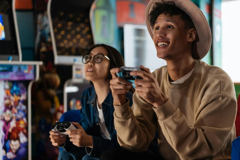 a man and a woman playing a video game, trending on pexels, neogeo, teenager hangout spot, avatar image