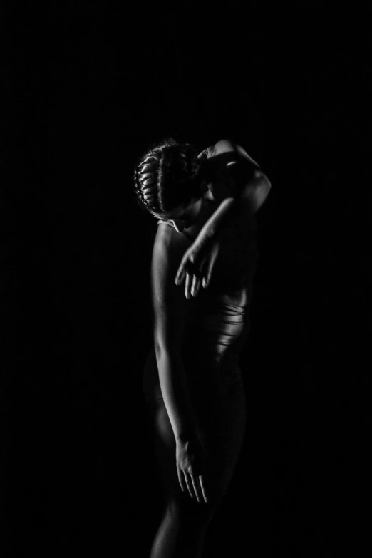 a black and white photo of a naked woman, unsplash, art photography, dark dance photography aesthetic, ✨🕌🌙, black background hyperrealism, abstract human body
