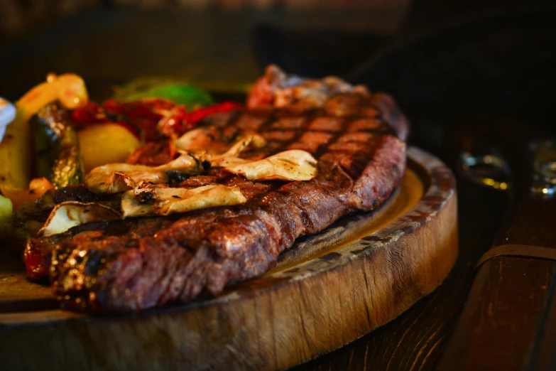a steak sitting on top of a wooden cutting board, pexels contest winner, multicoloured, woodfired, background image, tavern