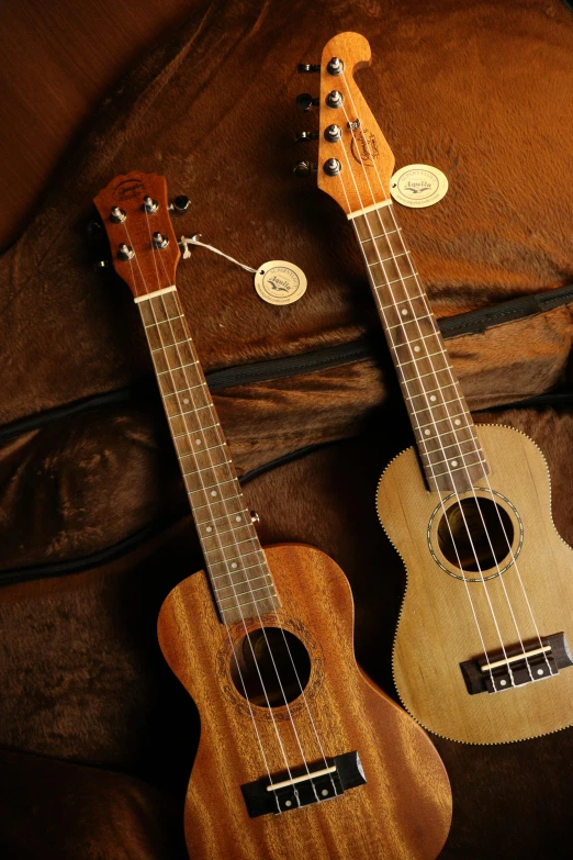 a couple of guitars sitting next to each other, ukulele, manuka, premium, link