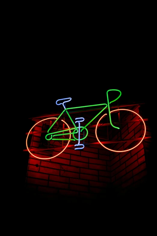 a neon bike sitting on top of a brick building, profile image, getty images, neon standup bar, medium closeup