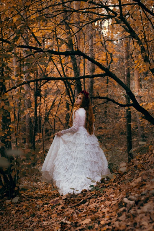 a woman in a wedding dress is walking through the woods, inspired by Elsa Bleda, pexels contest winner, renaissance, renaissance autumnal, rectangle, gothic outfit, sitting