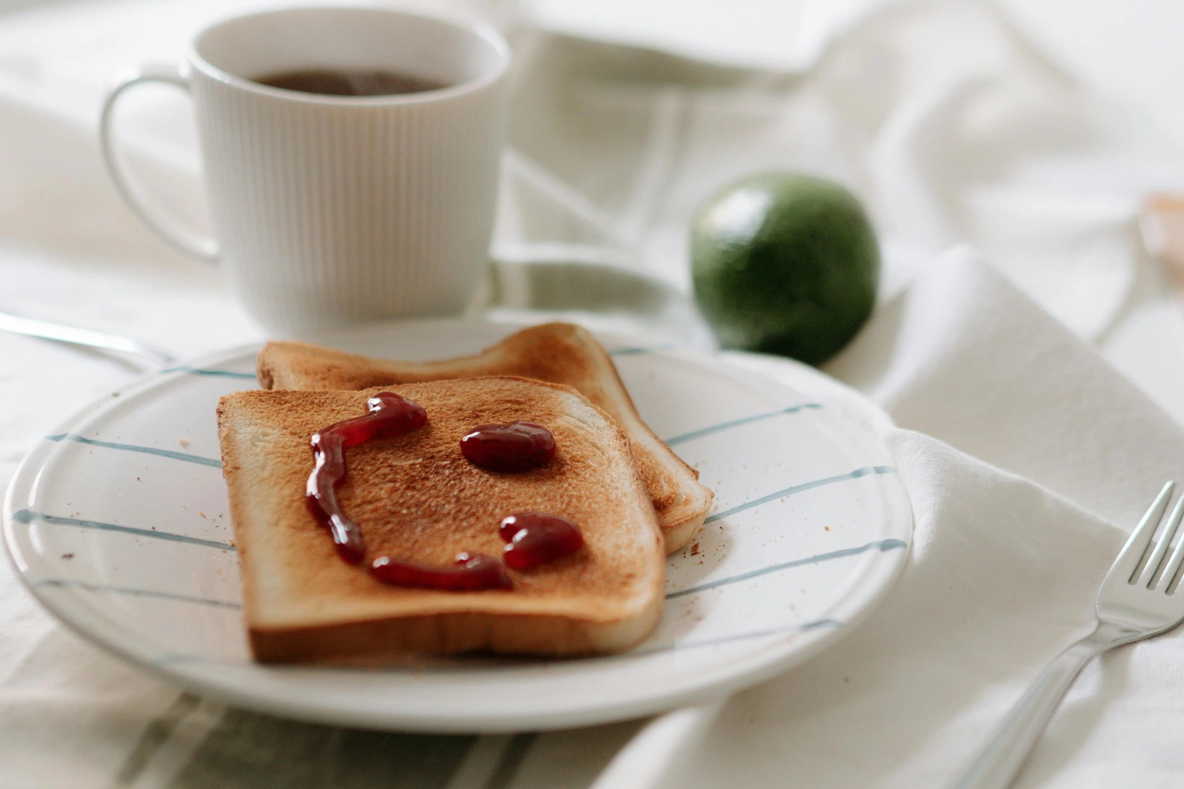 a white plate topped with toast next to a cup of coffee, by Lee Loughridge, pexels contest winner, extra ketchup, jelly, australian, 15081959 21121991 01012000 4k