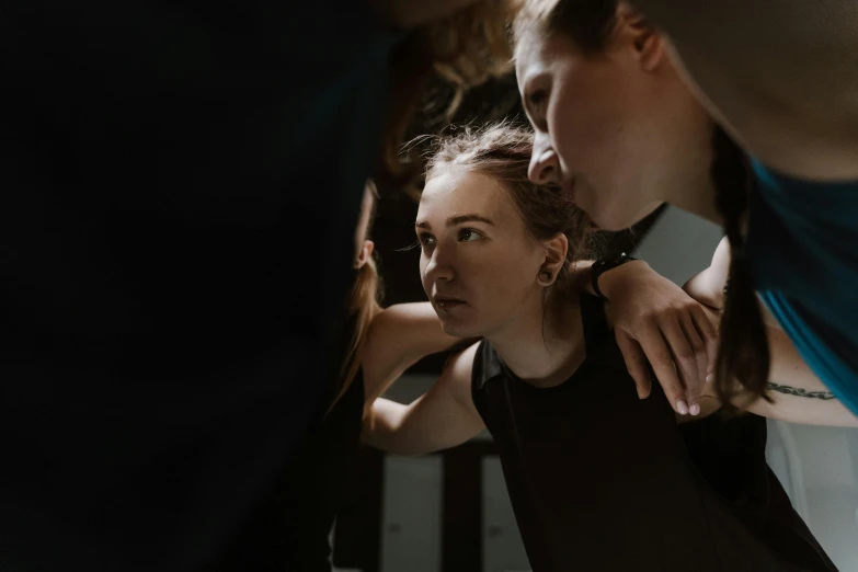 a woman getting her hair styled by a hair stylist, by Emma Andijewska, pexels contest winner, happening, hugging each other, in a gym, thumbnail, girls