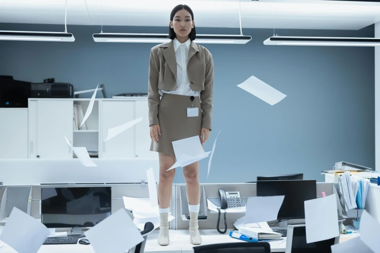 a woman standing in an office surrounded by papers, inspired by Fei Danxu, neo-dada, wearing off - white style, avatar image