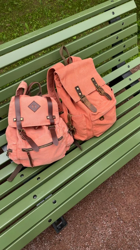 two backpacks sitting on top of a green bench, in shades of peach, award - winning crisp details, well worn, vibrant colour