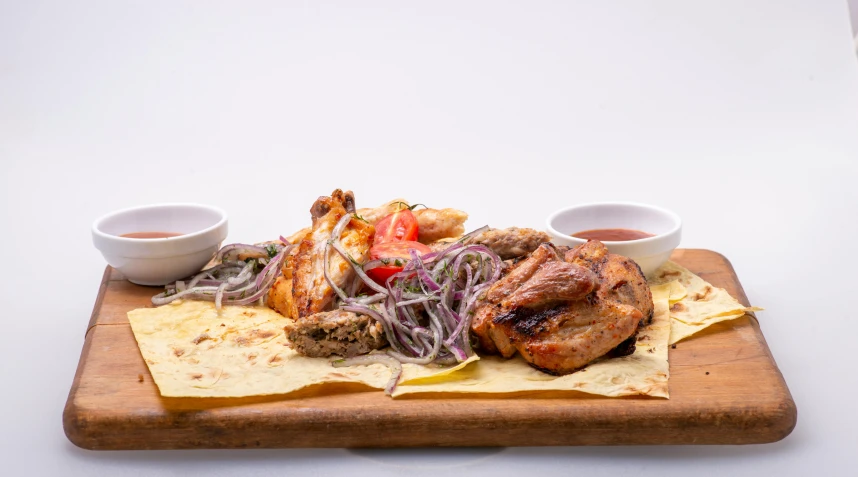 a plate of food sitting on top of a wooden cutting board, by Niko Henrichon, greek fantasy panorama, four wings, kebab, daily specials