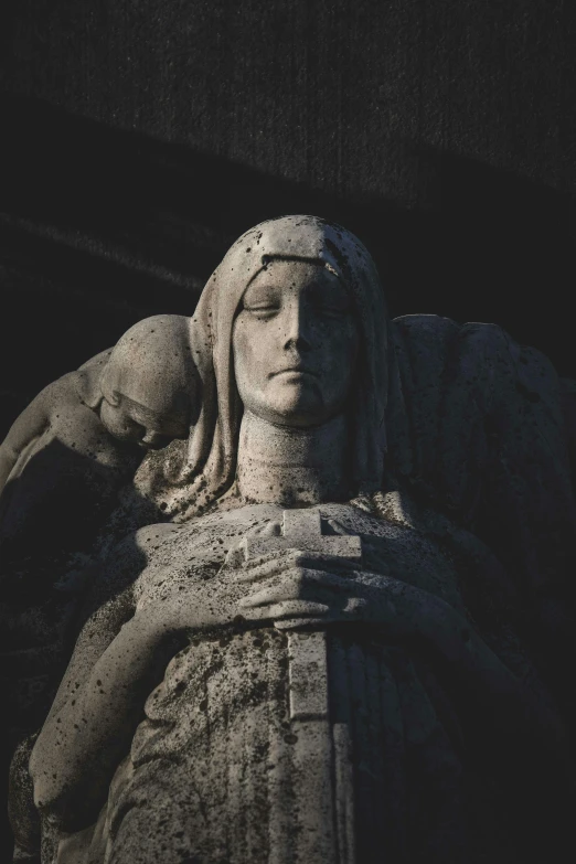 a statue of a woman with a bird on her shoulder, pexels contest winner, gothic art, his hands buried in his face, virgin mary, taken in the night, grey