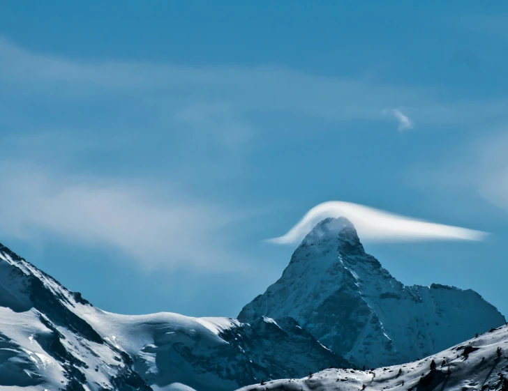 a mountain covered in snow under a blue sky, by Peter Churcher, pexels contest winner, surrealism, swoosh, slide show, 4 k hd wallpapear, mid view